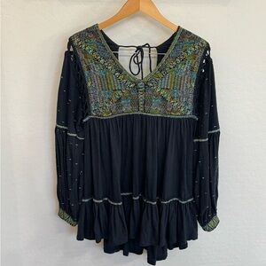 Like New Free People Much Love Black and Green Boho Tunic Top